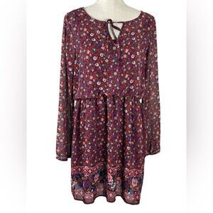 Mudd Long Sleeve Burgundy Floral Mini Dress Women’s Size XL